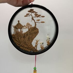 Vintage Antique Chinese Micro Wood Carving Cranes Diorama Wall Art Framed Circle